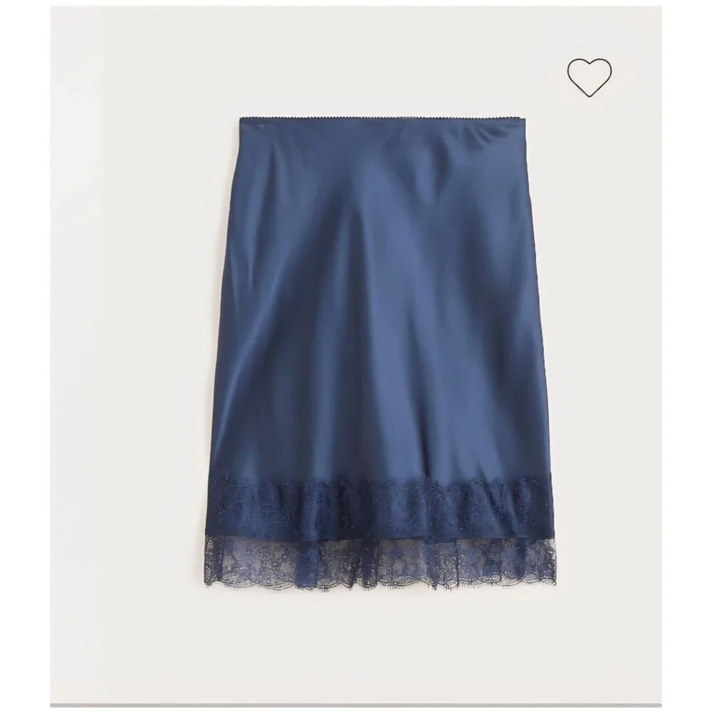 J.Crew Gwen Lace Trim Skirt In Luster Charmeuse Naby Blue CM729 $118 Size S NWT